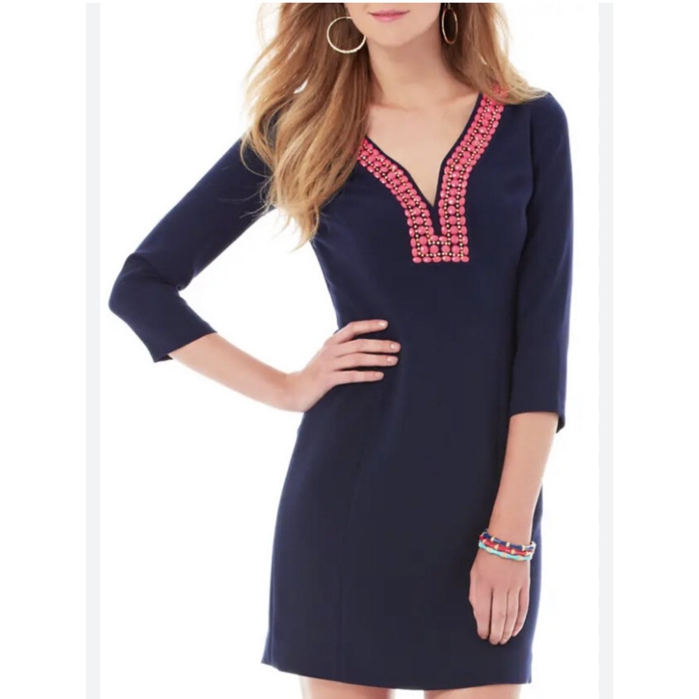 Lilly Pulitzer‎ Womens Navy Blue 3/4 Sleeve V Neck Beaded Trim Shift Dress